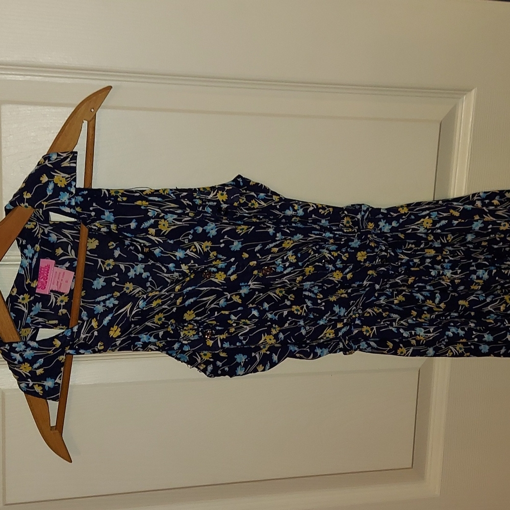 Dark Floral Belted Button-Down Sleeveless Vintage Shirt Dress Small